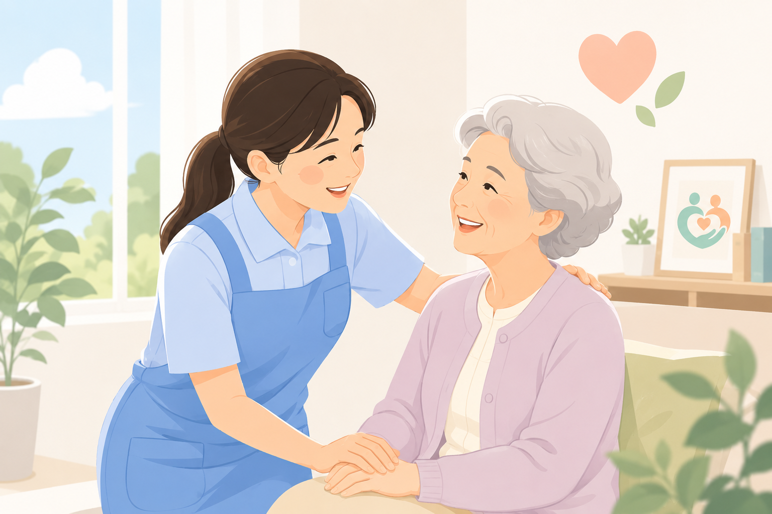 요양보호사가 어르신의 손을 잡고 대화하는 모습